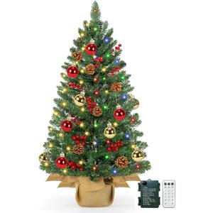[12 Modes & Timer] 3 Ft Christmas Tree, Artificial Tabletop Christmas Tree with 70 Warm White & Muliti Lights Pine Cones Red Berried Balls Burlap Base Battery Xmas Tree Home Christmas Decorations