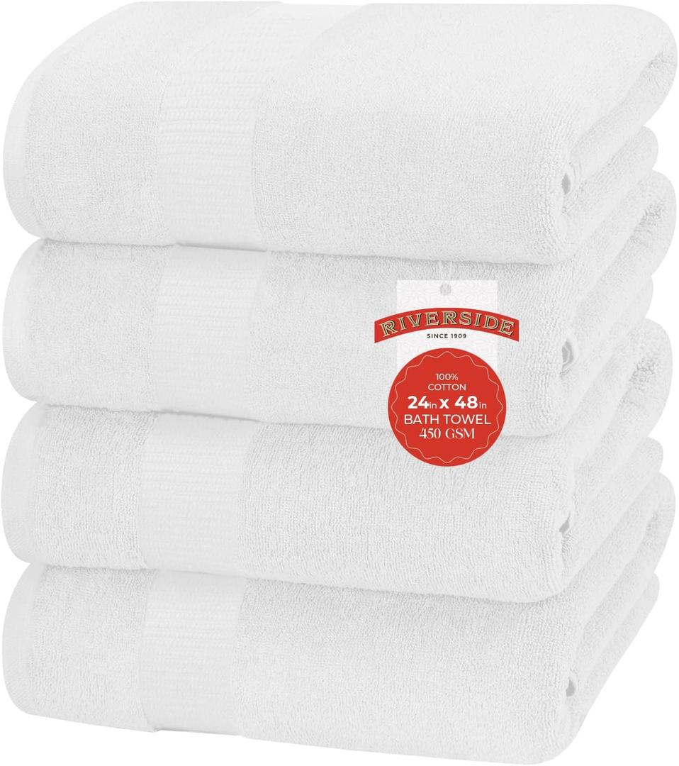 RIVERSIDE 100% Ring-Spun Cotton Bath Towels Set of 4 24 x 48 - Quick Dry, Soft & Absorbent Towels for Shower, Spa & Bathroom - 450 GSM Cotton Towels for Home, Gym, Pool, Hotel - (White)