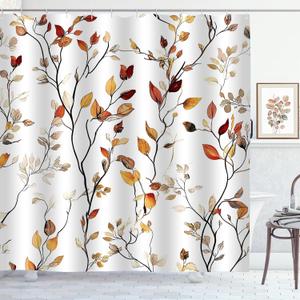 Brown Eucalyptus Leaves Shower Curtain Beige Orange Leaf Floral Shower Curtains for Bathroom Waterproof Polyester Fabric Bath Curtain 72 x 72 Inch with 12 Hooks