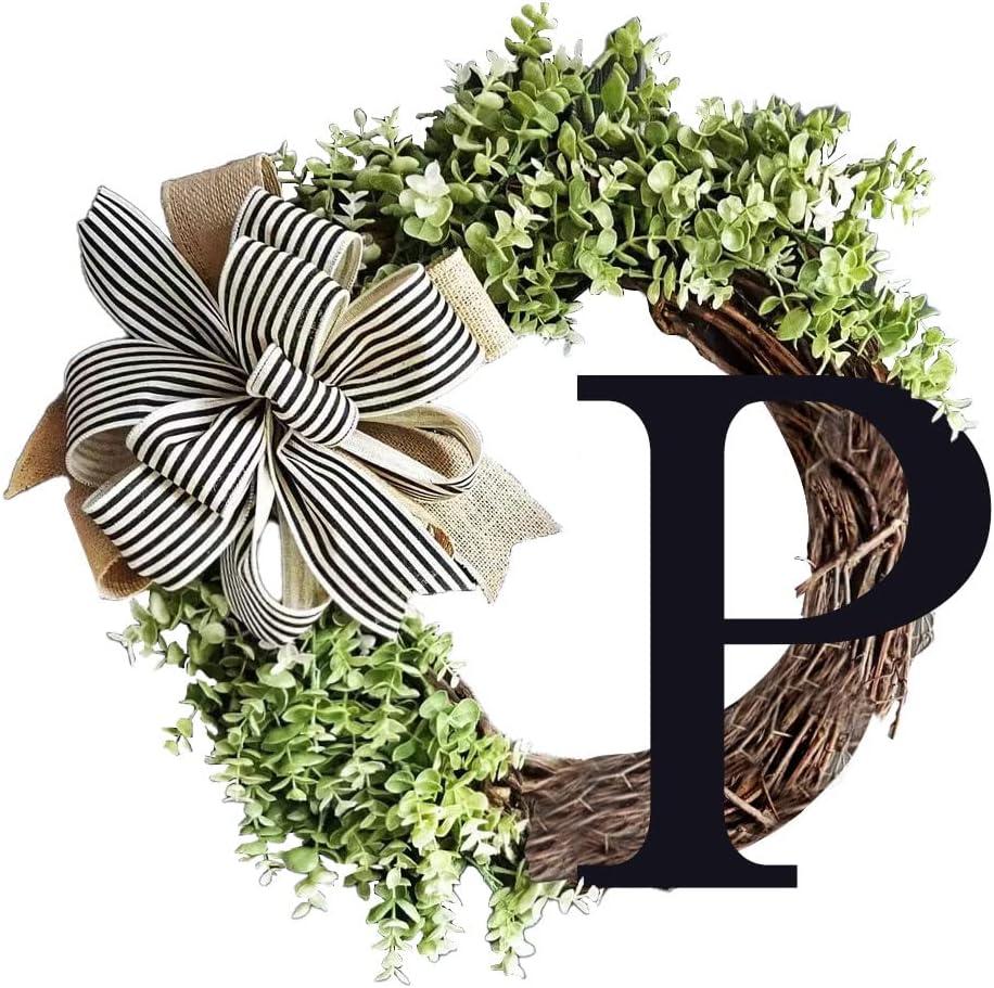 Monogram Initial Letter Wreaths for Front Door with Striped Linen Bow & Fake Green Grass on Grapevine Base Farmhouse Style Rustic Door Decor Spring Summer Green Wreath, P