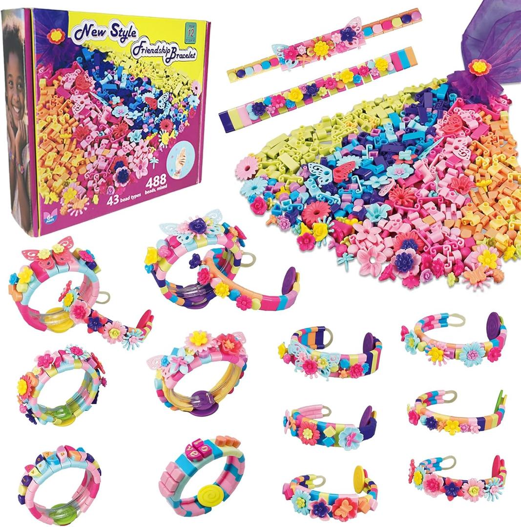 BOLVISEP Friendship Bracelet Making Kit for Girls, 6-12 Year Old Kids Christmas Birthday Gifts, Arts & Crafts DIY Snap Beads Dots Building Toys Set, Rubber Band Bracelet Making Kit with Charm (488PCS)