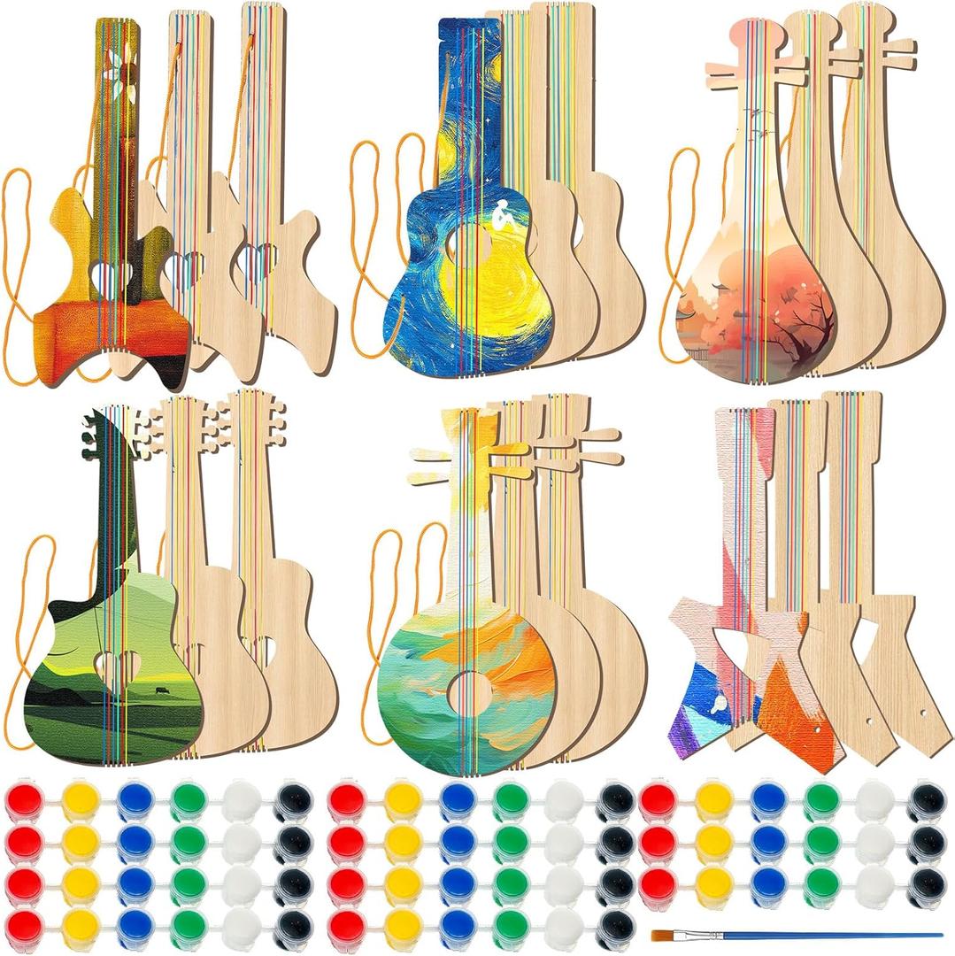 Syhood 18 Pcs DIY Wood Guitar for Kids (6 Difference Designs) with 18 Set of Pigments (6 Colors), Christmas Kids Gift for Boys Girls Crafts Birthday Class Party Music Theme Party (Classic Style)