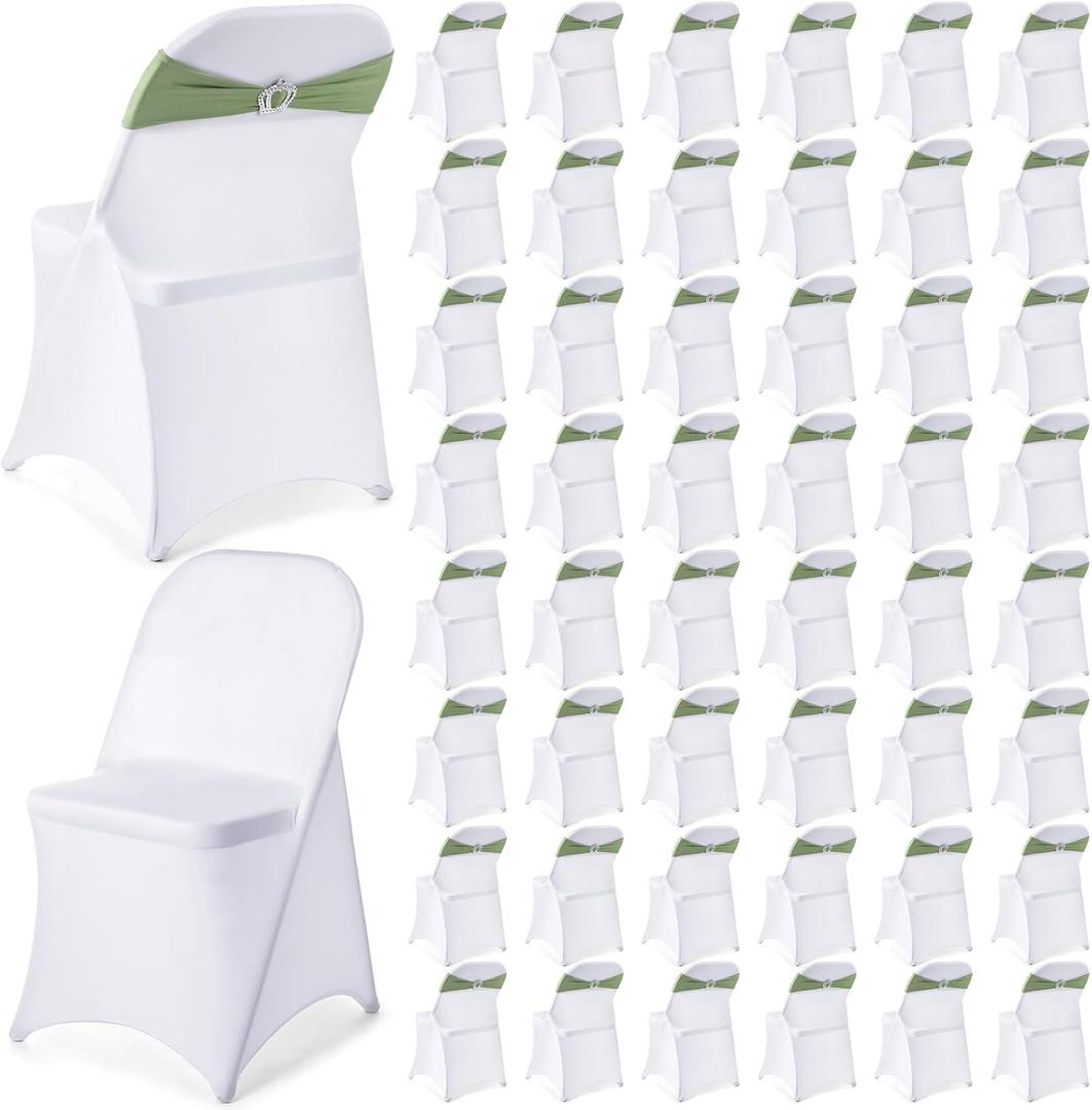 Moukeren Folding Chair Covers and Chair Cover Band Elastic Fabric White Chair Slipcovers with Crown Buckle Sage Green Chair Sashes for Wedding Party Dining Banquet Events (100)