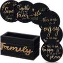 Queekay Coasters Set of 6 House Warming Gifts New Home Wooden Farmhouse Drink Coasters with Holder 4'' Funny Decoration for Kitchen Family Coffee Bar Tabletop Protection(Black Gold)