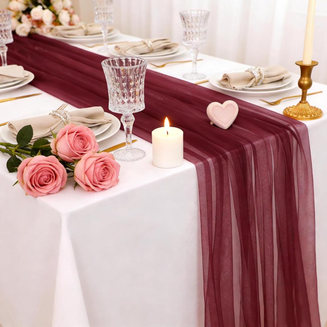 Snowkingdom Burgundy Red Valentine's Day Table Runner, 10 FT Sheer Gauze Tulle Cheesecloth Fabric, Boho Elegant Table Decoration for Home Party Wedding Birthday Baby Shower Christmas Holiday New Years