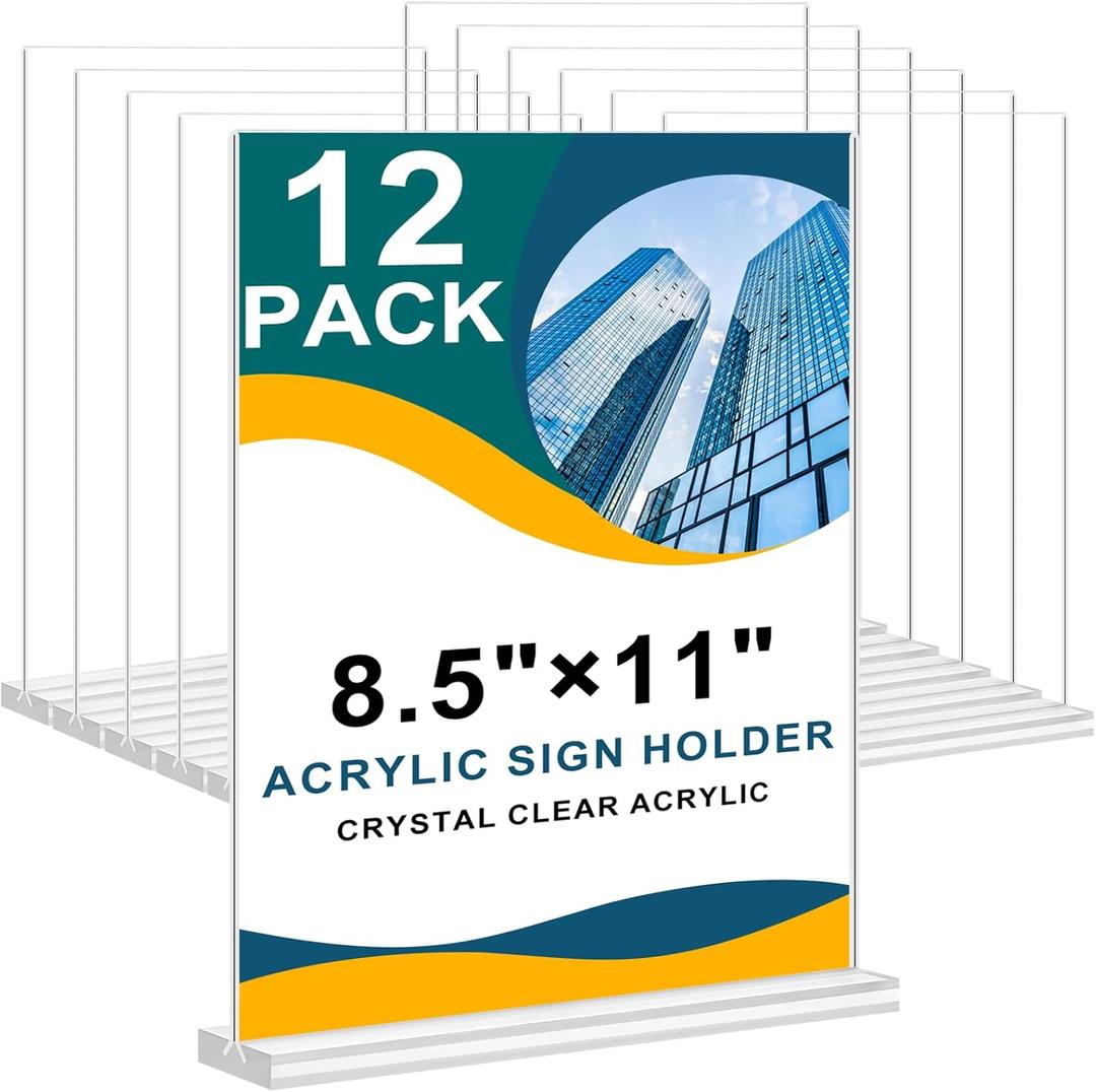 Arrobust Acrylic Sign Holder 8.5 x 11 Inches, 12 Pack Clear Display Table Top Signs Stand, Double Sided Vertical Flyer Holder ,Plastic Frames Paper Holder for Stores Home Office Menu Retail Show Fair