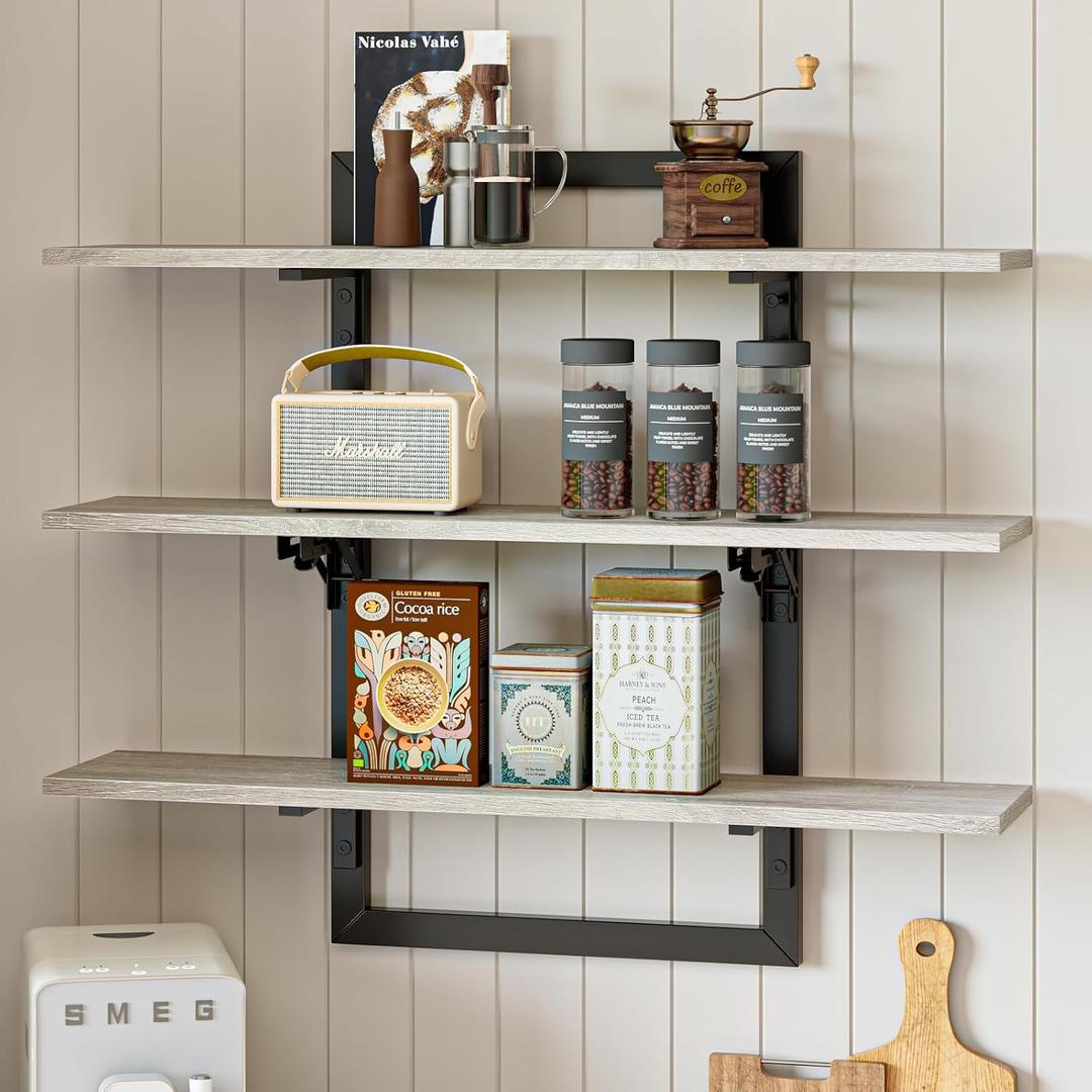 Bestier Floating Shelves for Wall, 32 inch Kitchen Shelves Wall Mounted, 3 Tier Coffee Bar Shelf with Foldable Brackets, Industrial Display Shelf for Bathroom, Living Room, Retro Grey
