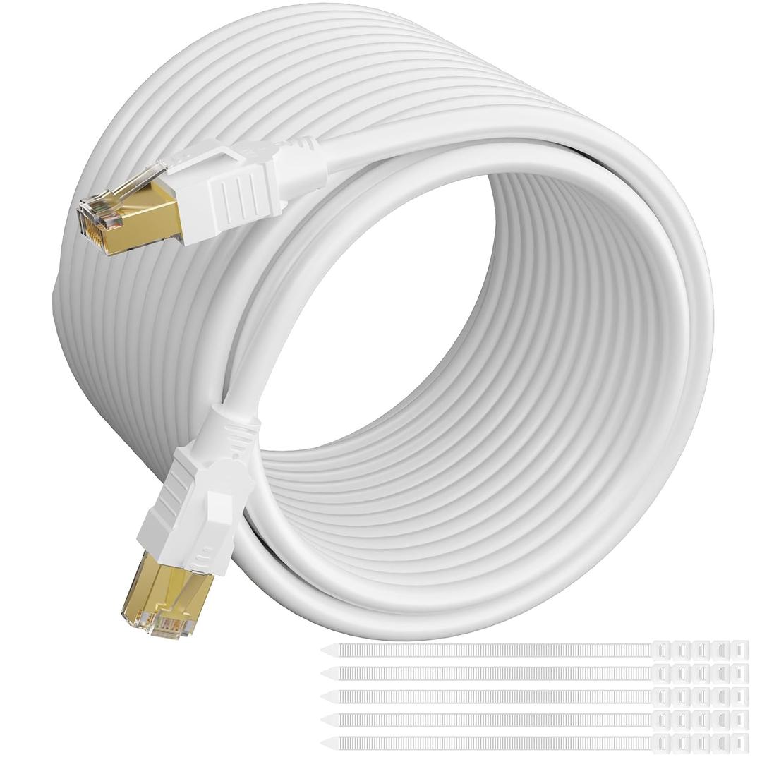 CAT 6E Cat 7 Ethernet Cable 200 Ft White, Elecan High-Speed Triple Shielded Internet Network Cable, S/FTP, POE, 26AWG 10Gbps Long CAT6A RJ45 LAN Cable Cord, Flexible &Durable for Outdoor &Indoor +Ties