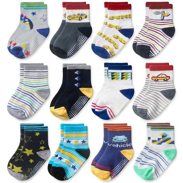 Cozyway Non-Slip Crew Grip Socks, 12 Pack for Baby Boys and Girls, Assorted Colors and Patterns, 1-3 Years