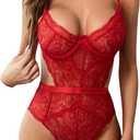 Aranmei Women Sexy Lingerie Bodysuit Lace Teddy Snap Crotch V Neck Cut Out One Piece Babydoll Underwire (Large, Red)