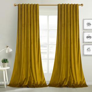 Roslynwood Luxury Soft Olive Yellow Velvet Curtains 84 inches Long Back Tab Thermal Insulated Blackout Window Drapes for Living Room/Bedroom/Dining Room, W52 x L84, 2 Panels