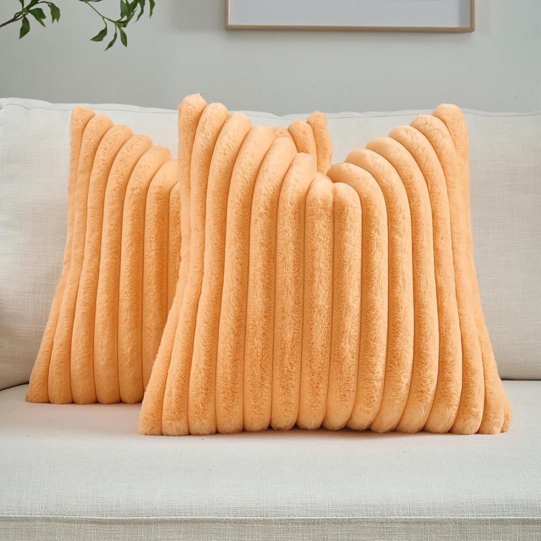 FUTEI Orange Striped Decorative Throw Pillow Covers 20x20 Inch Set of 2, Square Spring Decorations Couch Pillow Case, Soft Cozy Faux Rabbit Fur & Velvet Back, Modern Home Decor for Bed