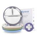 Bakpoco Stainless Steel Suction Plates for Toddlers, 9" Divided Kids Baby Plates with Removable Silicone Suction, Non Toxic Non Slip Portion Control Snack Dishes 1 Packs, Blue Green Purple Beige