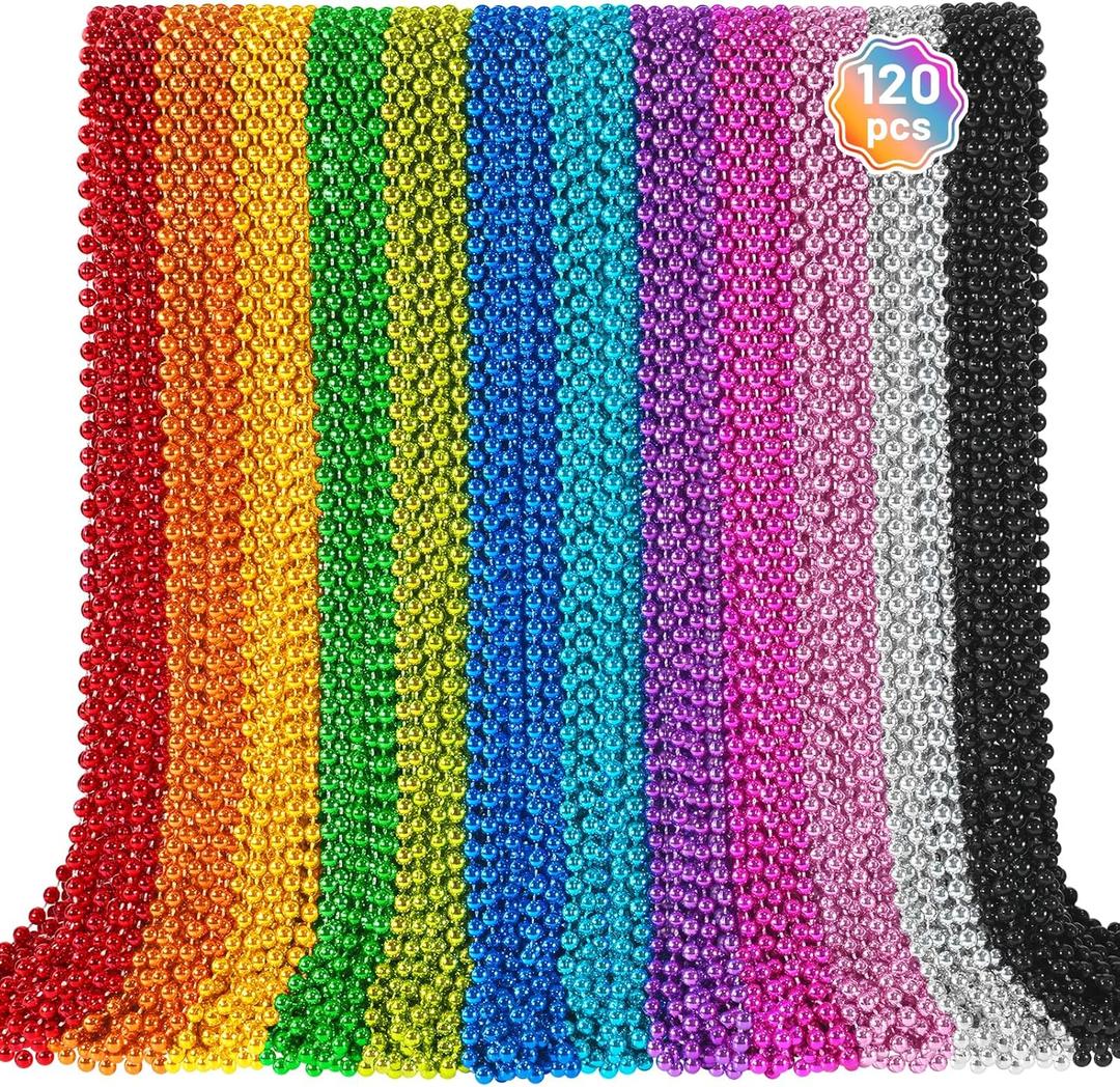 120 PCS Mardi Gras Beads, Party Beads Necklaces for Mardi Gras, Christmas, St. Patrick's Day, Metallic Colorful Necklaces Accessories in 12 Colors