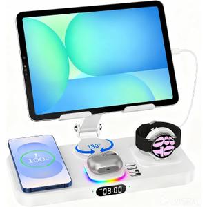 30W Tablet Wireless Charger for Samsung, Foldable Android Charging Station with Clock Display with 7-Color Light, Wireless Watch Charger for S25, Only Compatible Samsung Watch, Galaxy Buds3 Pro (White)