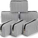 Sanwuta 6 Pcs Seersucker Cosmetic Bags Bulk Seersucker Makeup Bags Stripe Women Pouch Large Preppy Storage Pouch Toiletry Travel Organizer for Wedding Bridesmaid Bride Favor Mom Gift (Black)