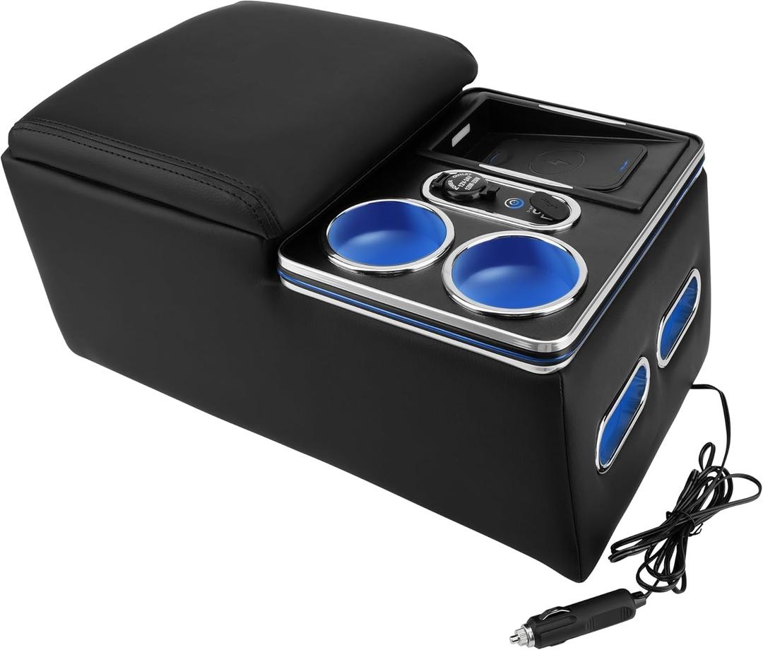 Center Console Organizer, Wireless Charging Phone Holder and Cup Holder for Cars and Trucks, Practical and Comfortable Car Center Console Storage Box, LED Light and Premium Leathe