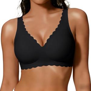 COCOMARTS Jelly Bras for Women No Underwire Scalloped Push Up Seamless Full Coverage Plunge Bralettes Wireless Tshirt Bras Black Medium