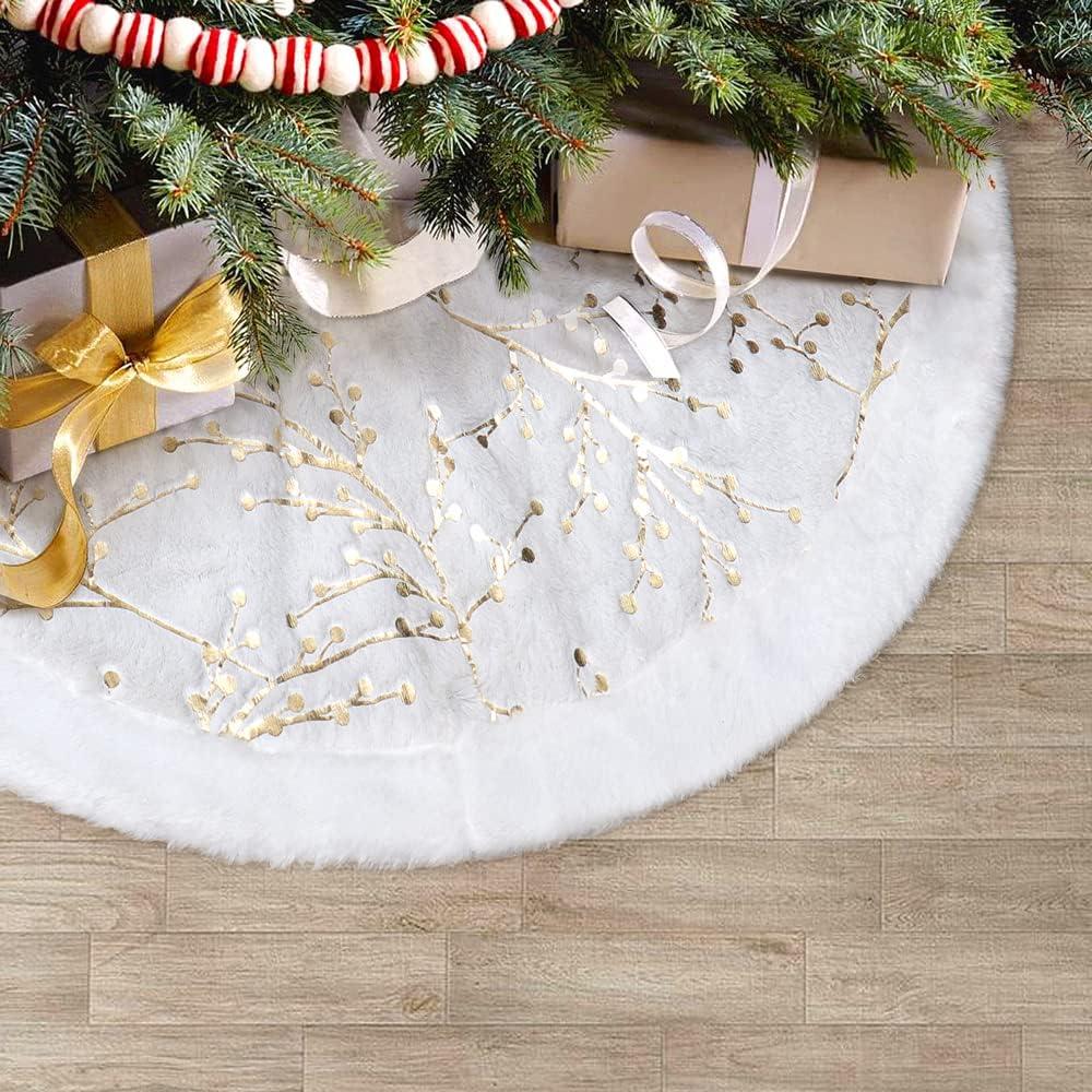S-DEAL Christmas Tree Skirt with Golden Berries, 24Inches Faux Fur Plush Tree Skirt for Holiday Home Decor Xmas