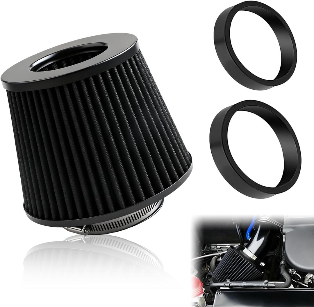 Universal Clamp-On Air Intake Filter, High Flow Closed-Top Cool Air Filter Cleaner, Tapered Cone Design, Washable & Reusable with 76 89 102 mm (3", 3.5", 4") Adapter Rings for Most Vehicles