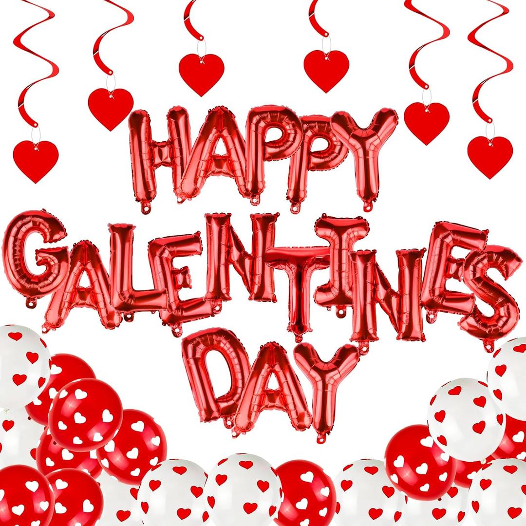 Galentine's Day Decorations Kit 16" Mylar Foil Happy Galentine's Day Letters Balloons Banner with Heart Shaped Swirl Hanging Latex Balloons for Ladies Girls Party Supplies