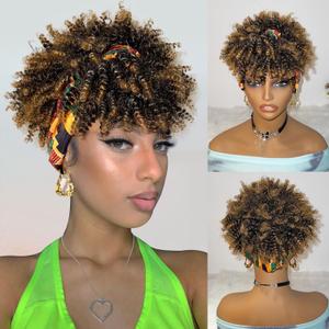 Kinky Curly Afro Puff Wig with Bangs Highlight Blonde Headband Wigs Afro Curly Headband Wig with Bangs Afro Wigs for Black Women Turban Wrap-Wigs 4inch