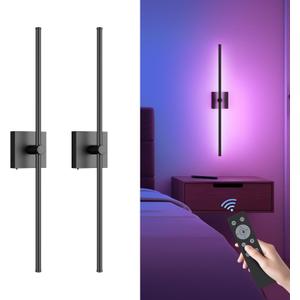 Battery Operated Wall Sconce with Remote Control, 10000mAh Dimmable Wall Sconces Set of Two, 2700K-6500K Adjustable, 7 RGB Colors, Rechargeable LED Wireless Wall Lights for Bedroom, Black, 32 Inch