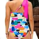 One Shoulder One Piece Swimsuits - Women Tummy Control Bathing Suit with Tie Knot Swimwear Full Coverage (Small, Color Block)