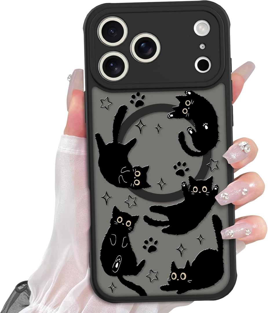 Heaofei Cute Magnetic Case for iPhone 17 Pro Case [ Compatible with MagSafe ] with Black Cats Cat Pattern Design for Women Girls Boys, Soft Bumper Hard Back Kawaii Animal Protective Phone Cover
