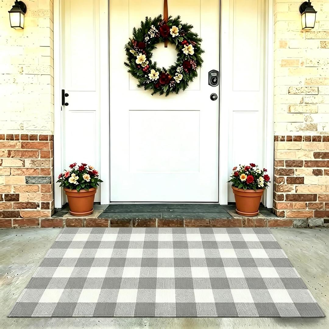 SEEKSEE Buffalo Plaid Outdoor Rug 3' x 5' Gray and White Front Door Mat, Layering Rug for Porch, Washable Doormat, Front Porch Rug for Outdoor Entrance Entryway Patio Porch Decor