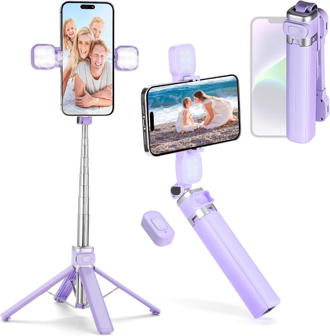 MQOUNY Mini iPhone Tripod Stand & Selfie Stick with Wireless Remote & Removable Light, Extendable Stand 360 Rotation Compatible with iPhone & Android Samsung (Purple) MQOUNY Mini iPhone Tripod Stand & Selfie Stick with Wireless Remote & Removable Light, Extendable Stand 360 Rotation Compatible with iPhone & Android Samsung (Purple)