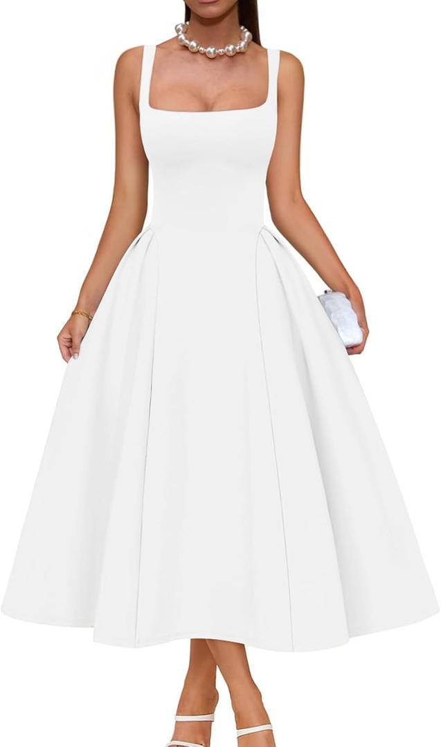 Memoriesea Women's Elegant Square Neck Swing A Line Wedding Evening Party Midi Dress White, S