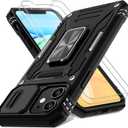 DEERLAMN Case for iPhone 11 with Slide Camera Cover+Screen Protector(2 Packs),Rotated Ring Kickstand Military Grade Shockproof Protective Cover-Black