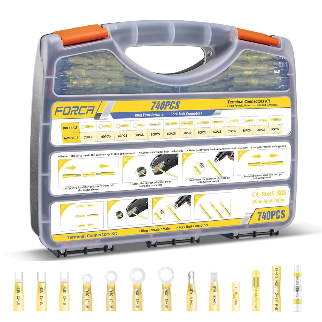FORCA 740PCS Yellow Heat Shrink Wire Connectors Kit, AWG 12-10 Marine Grade Waterproof Crimp, Solder Seal Wire, Ring Fork Spade Bullet Solder Butt (13 Types)