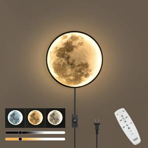 QIYIMEILUX Dimmable Moon Wall Sconce Plug in Modern LED Wall Light with Remote Control 9.5inch 15W Black Wall Lamp Indoor Wall Mounted Lighting Ceiling Light Fixture for Living Room Bedroom