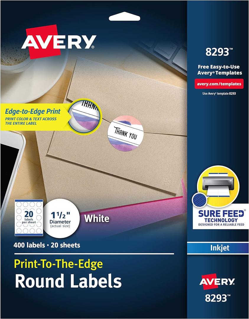 Avery Matte White Round Labels, Sure Feed Technology, Permanent Adhesive, 1-1/2", 400 Labels (8293)