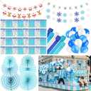 Crowye 122 Pcs Christmas Parade Float Decoration Kit with Metallic Foil Fringe Curtains Tinsel Garland Crepe Paper Streamers Balloons Paper Fan Banner for Trailer Xmas Supply (Blue, White)