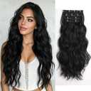 24 Inch Clip in Hair Extensions Black 4PCS Long Wavy Synthetic Hair Pieces for Women Thick Clip on Hair Extensions Natural Curly Wavy Hair Extension Clip Ins for Thin Hair(Black)