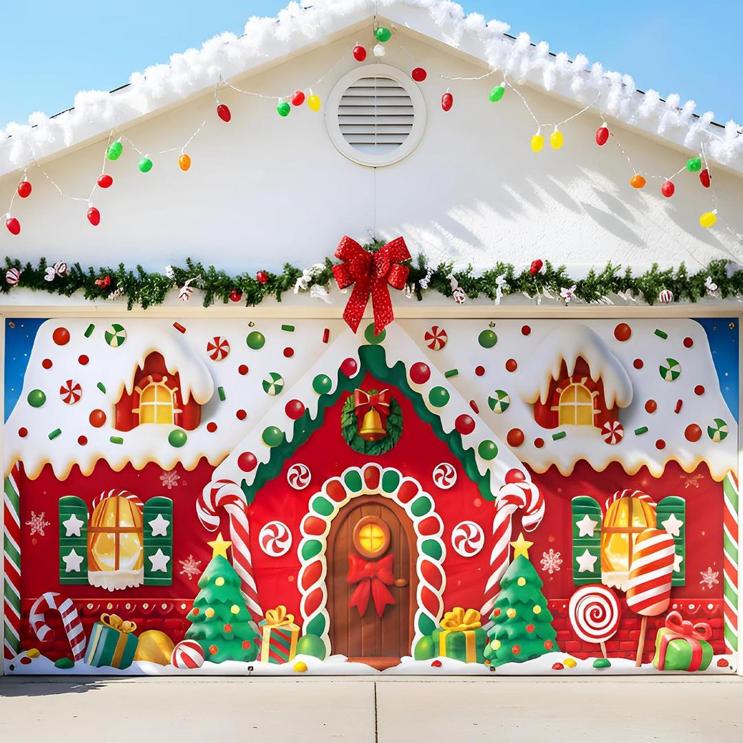 16 x 7ft Christmas Garage Door Banner Decoration Magnetic Garage Door Covers Large Christmas Backdrop Decorations for Indoor Outdoor Xmas Party (Gingerbread House)