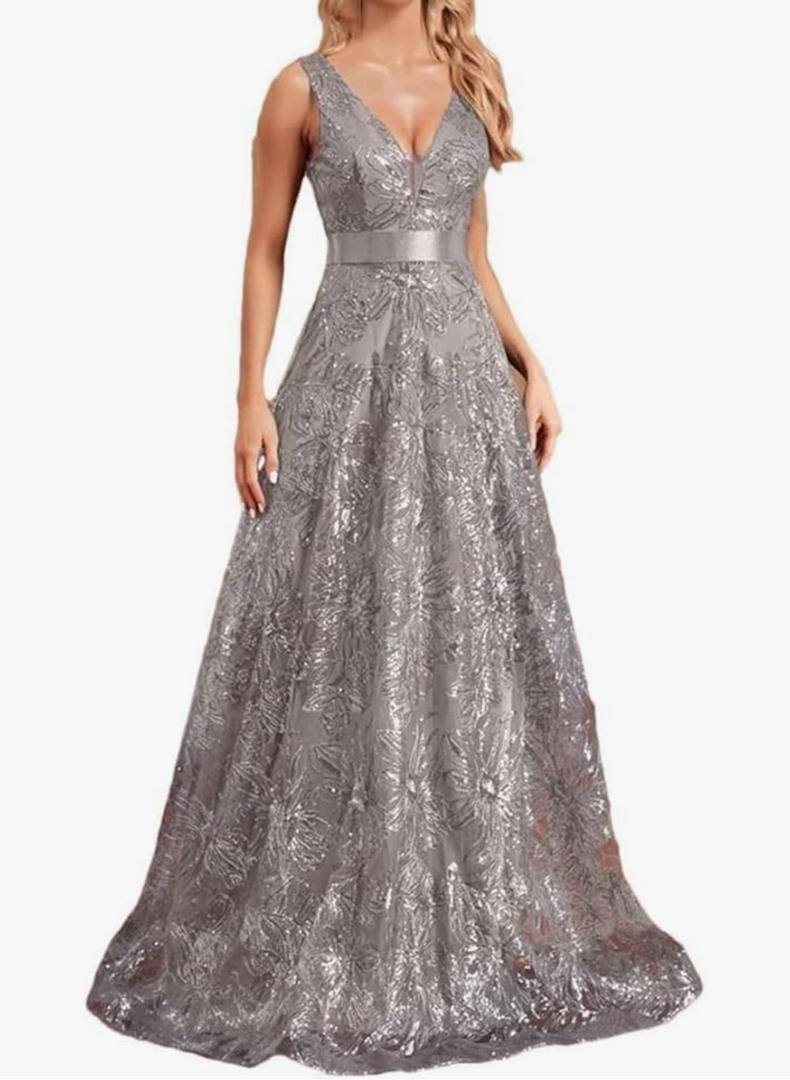 Women's Sleeveless Deep V-Neck Sequins Evening Dresses Long Wedding Party Prom Cocktail Dress Maxi Gown, Small