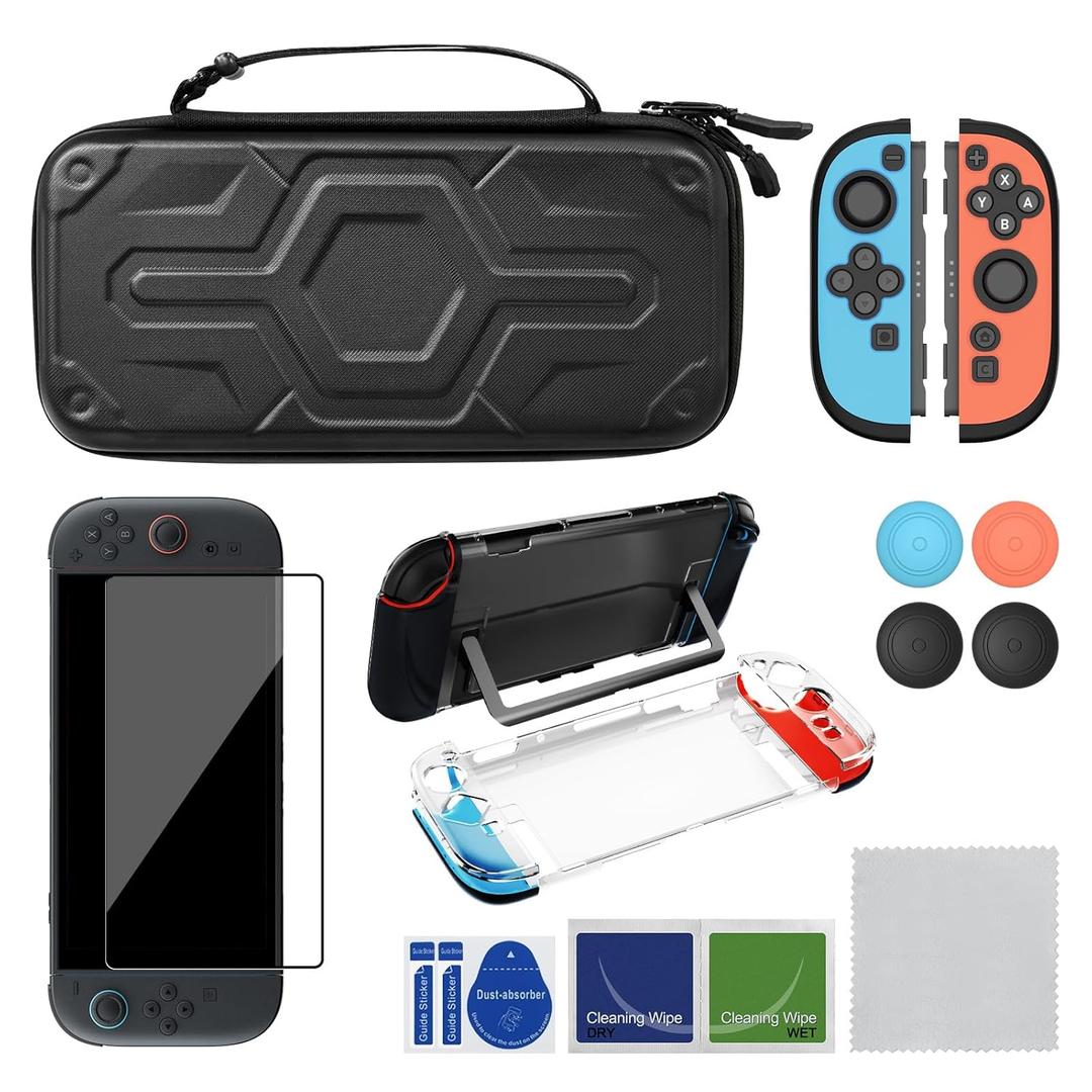 AKNES Switch 2 Accessories Bundle Kit, Carrying Case for Nintendo Switch 2 (2025), Clear Slim Dockable Protective Case, Silicone and PC JoyCon Case Cover, Glass Screen Protectors, Thumb Grip Caps