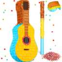 Sratte Guitar Pinata Bundle with a Blindfold and Bat, Kids Guitar Musical Fiesta Pinata for Boys Girls Adults Birthday Parties, Music Party Favors, Carnival and Related Events, 16 x 7 x 3 Inches