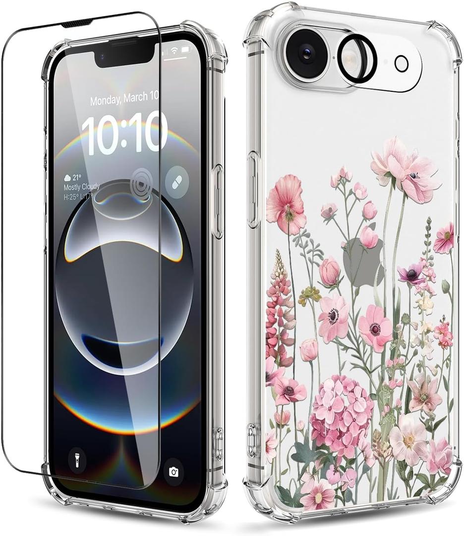 for iPhone 16e Case,[3 in 1] with Screen Protector & Camera Lens Protector, Flower Pattern Design,Clear Soft Shockproof Slim Floral Phone Cover for Women Girls 2025 6.1" (Mallow/Pink)