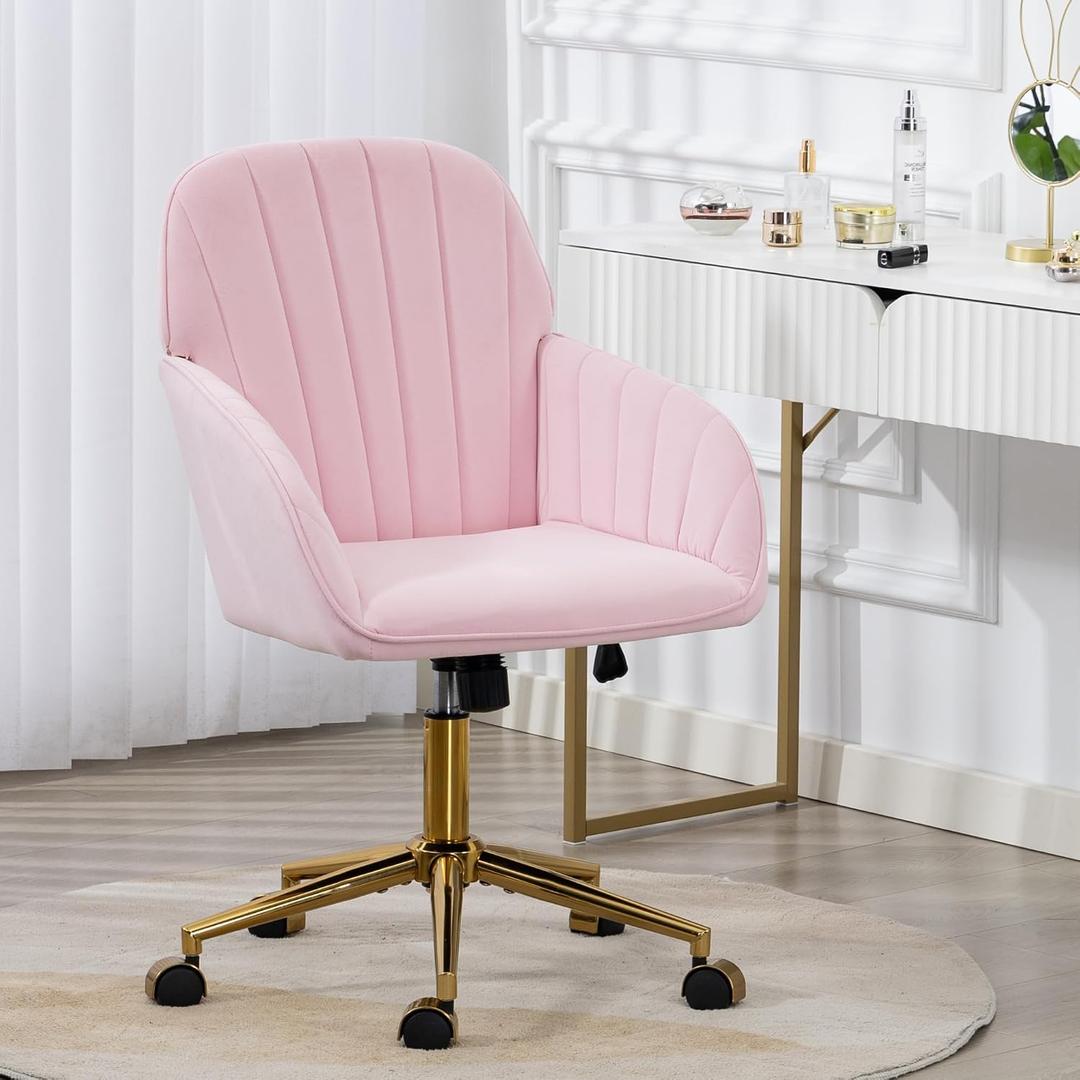 Home Office Chair, Velvet Modern Makeup Vanity Chair with Gold Base and Wheels, Height Adjustable Swivel Desk Chair for Living Room Bedroom Study Room, Pink