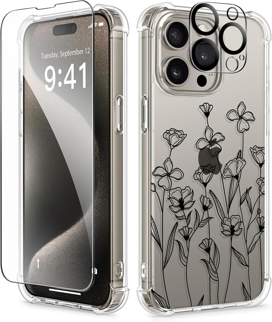 GVIEWIN for iPhone 15 Pro Case Floral, with Screen Protector&Camera Lens Protector,[Non Yellowing] Slim Shockproof Clear Phone Protective Cover for Women, Flower Pattern Design 6.1" (Sketch/Black)