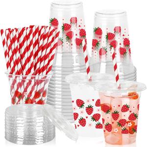 Whaline 50Pcs Strawberry Plastic Cups with Lids and Straws Red Pink Strawberry Heart Daisy Clear Plastic Cup 12oz Disposable Cup for Birthday Baby Shower Party Supplies