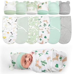 Ramede 6 Pack Preemie Swaddle Blanket with Hats Sleep Swaddle for Baby Boy Girl Preemie Newborn Sacks Soft Cotton Wearable(Alpaca,Green)