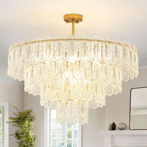 Large Crystal Chandelier: 31.5" Gold Round Semi Flush Mount Chandeliers with 4 Tiers Glass Lampshade - 12 Lights French Hanging Crystal Celing Light for Living Room Bedroom Lighting
