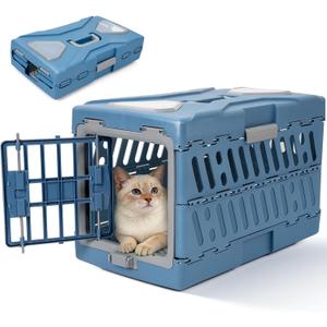 Pet Carrier for Cats & Small Dogs, Foldable & Durable Hard Cat Carrier Plastic, 2-Door 360 Ventilation Clear Top Pet Travel Kennel Crate for Longer Traveling Upto 22Lbs (22.0" L x 13.0" W x 14.6" H)