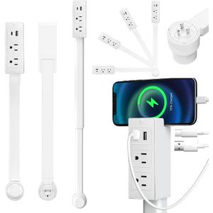 Outlet Electrical Outlet Extender Stick, Features USB-C, USB-A, and 2 AC Outlets, Adjustable 17-27 Inch Power Socket, Extendable Rotating Plug, Use Behind Sofas, Nightstands, Desks (White)